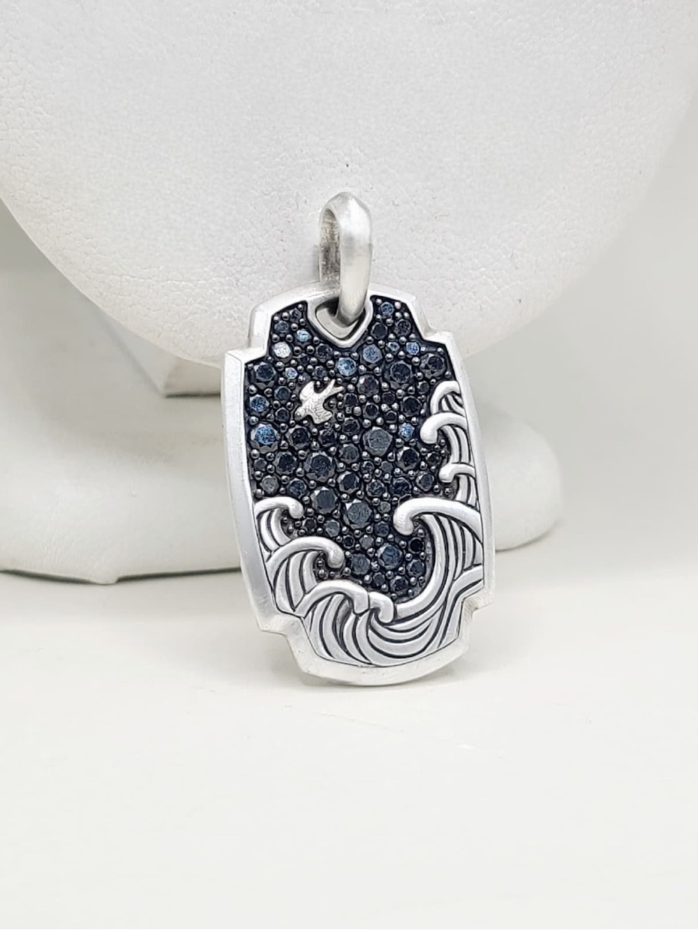 David Yurman Waves Tag Pendant With Pave Black Diamonds In Sterling Silver